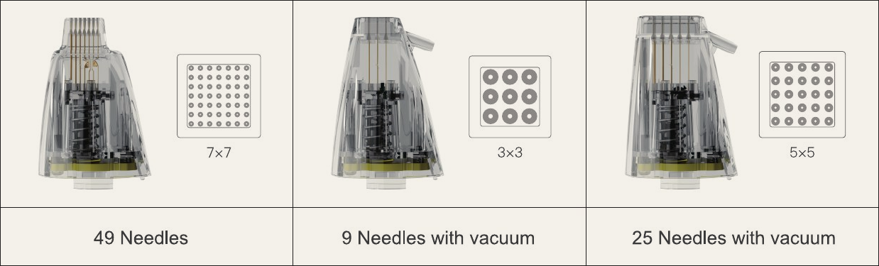 49 needles, 9 needles with vacuum, 25 needles with vacuum